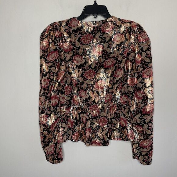 EXPRESS Top Womens Small S Metallic Gold Red Floral Peplum Blouse NEW Faux Wrap - Picture 4 of 10